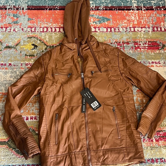 MEN'S HOODED WARM LEATHER JACKET - Picture 1 of 7